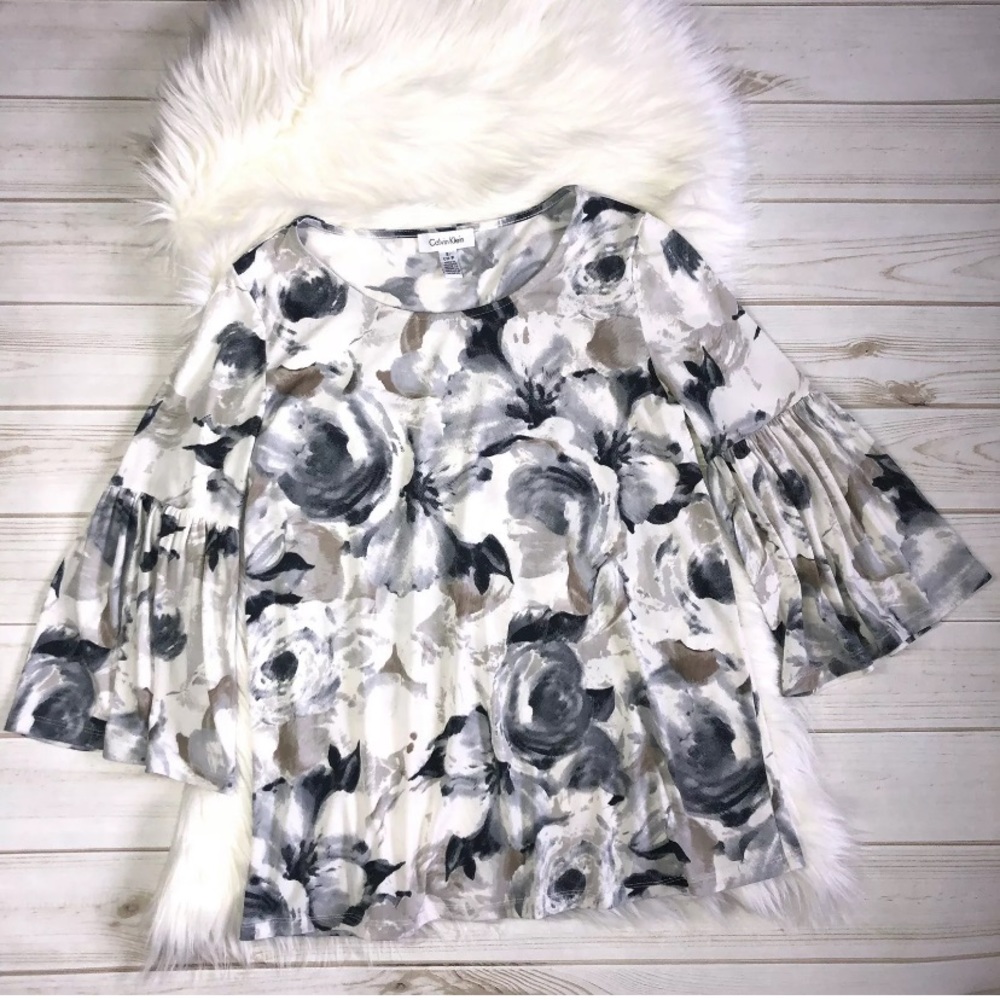 Calvin Klein Floral Top Blouse Bell Sleeves
